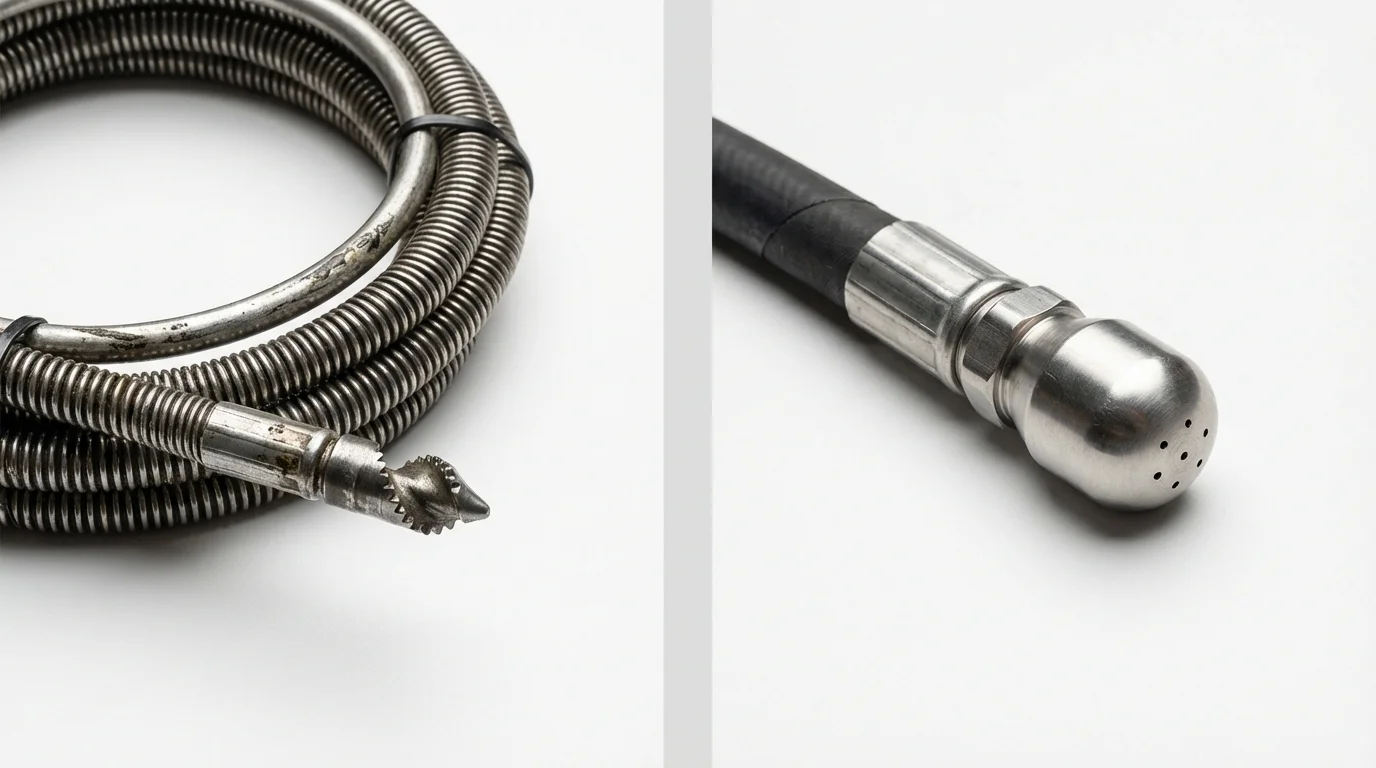 Drain snake cable and hydro jetting nozzle used for drain cleaning in Belmont, NH