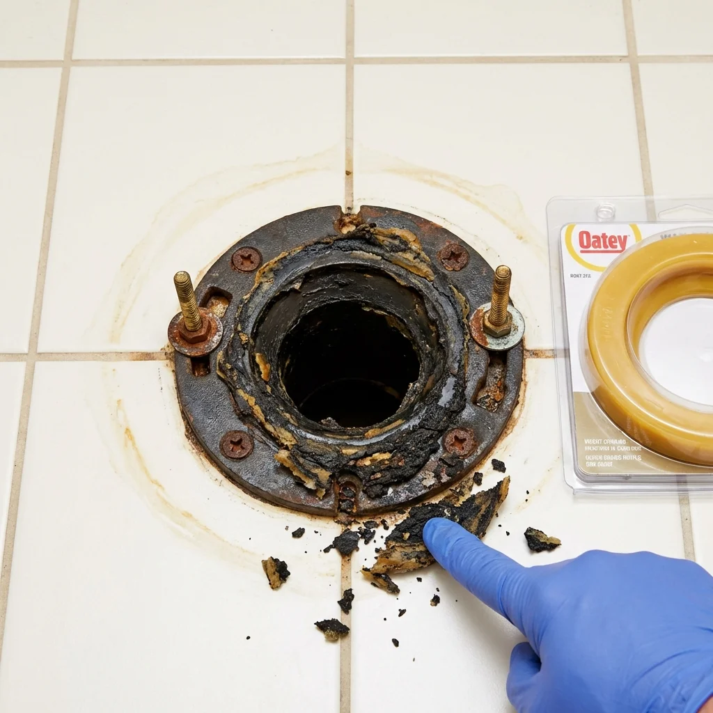 Failed wax ring showing water seepage at the base of a toilet in a Belmont, NH home
