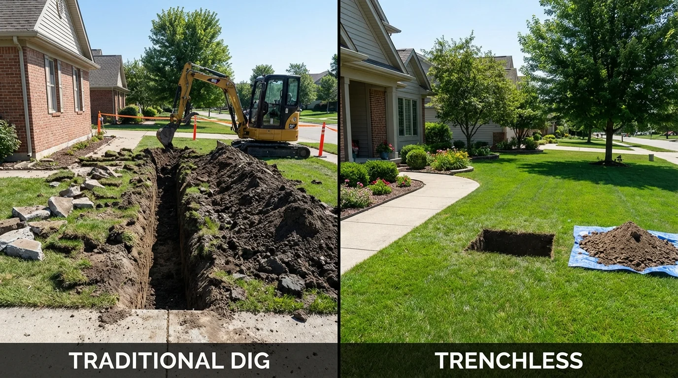 Trenchless sewer repair with minimal yard damage versus traditional excavation in Belmont, NH